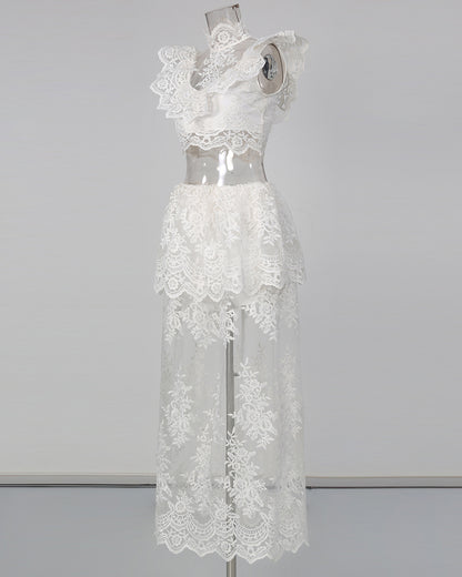 White High Neck Crop Top & Sheer Maxi Skirt Lace Set