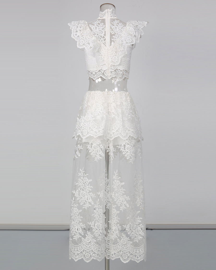 White High Neck Crop Top & Sheer Maxi Skirt Lace Set