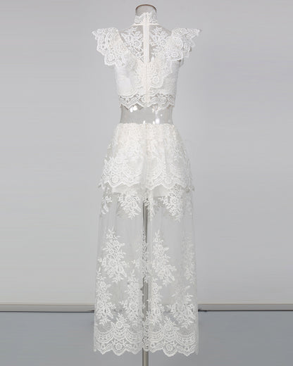 White High Neck Crop Top & Sheer Maxi Skirt Lace Set