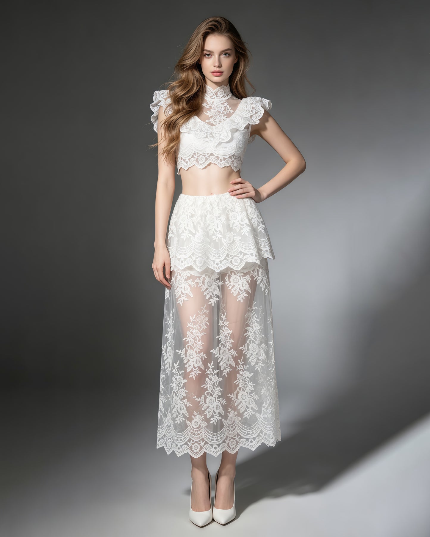 White High Neck Crop Top & Sheer Maxi Skirt Lace Set