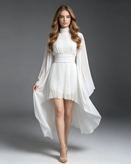 White High Neck Pleated Tunic Midi Dress