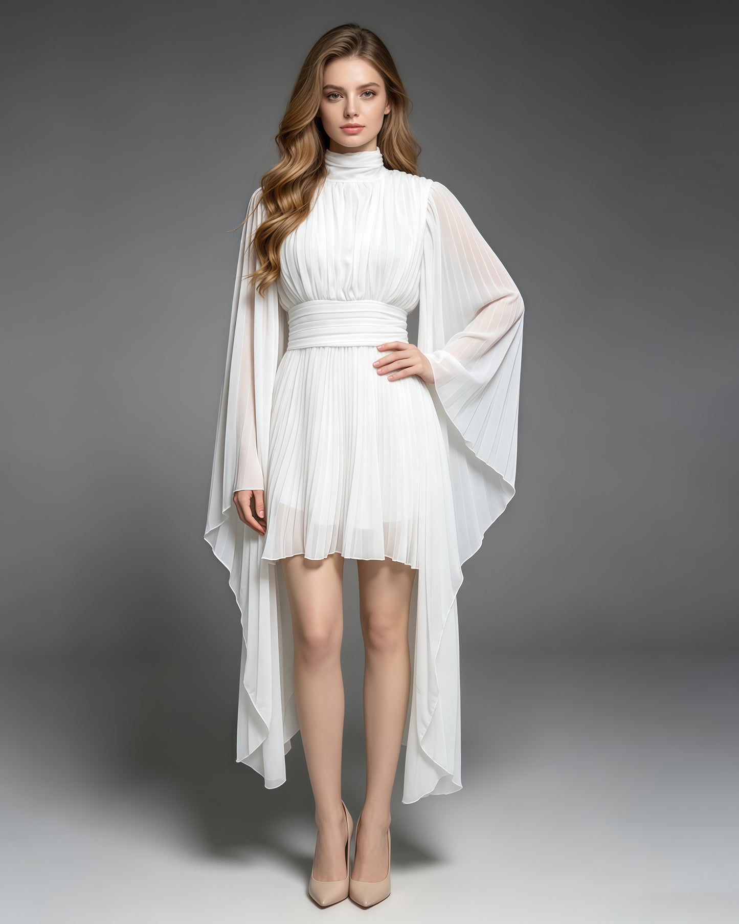 White High Neck Pleated Tunic Midi Dress