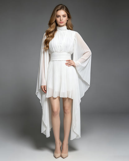 White High Neck Pleated Tunic Midi Dress