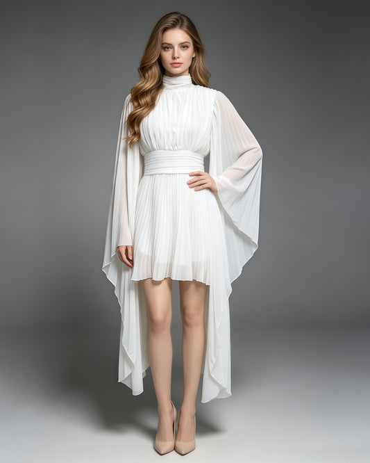 White High Neck Pleated Tunic Midi Dress