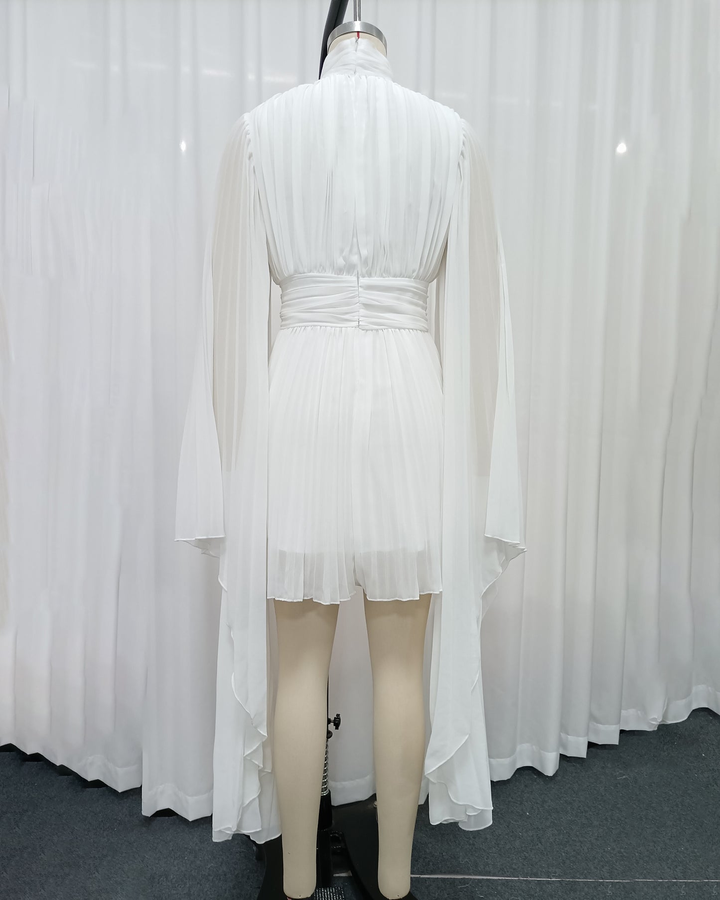 White High Neck Pleated Tunic Midi Dress