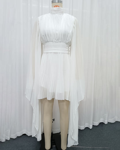 White High Neck Pleated Tunic Midi Dress