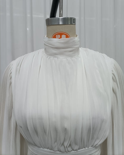 White High Neck Pleated Tunic Midi Dress