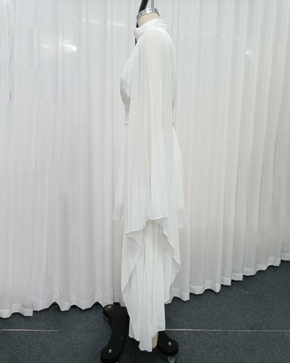 White High Neck Pleated Tunic Midi Dress