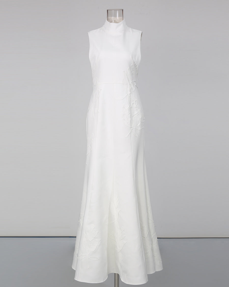 White High Neck Sleeveless Appliqué Maxi Dress