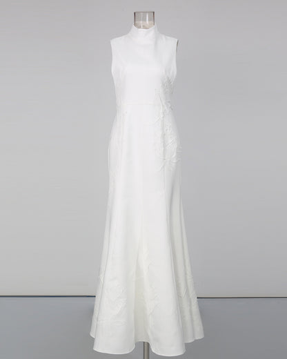 White High Neck Sleeveless Appliqué Maxi Dress