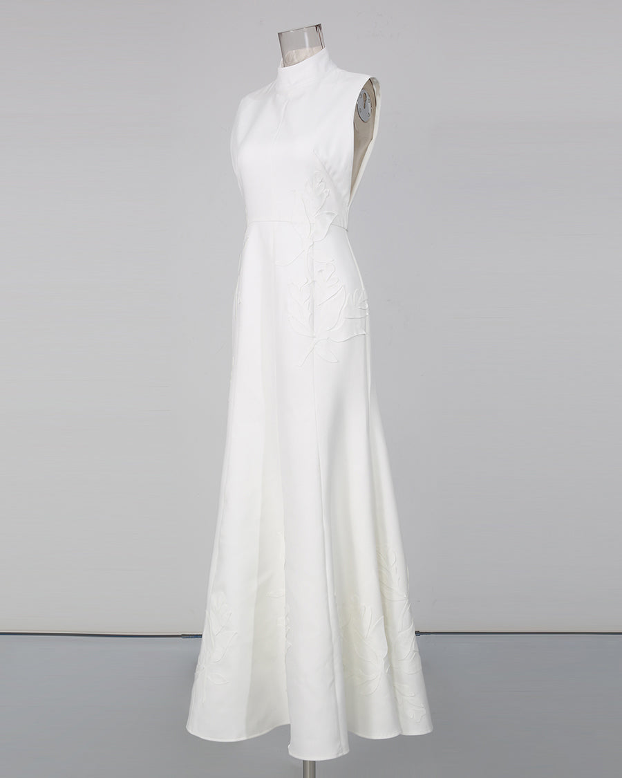 White High Neck Sleeveless Appliqué Maxi Dress