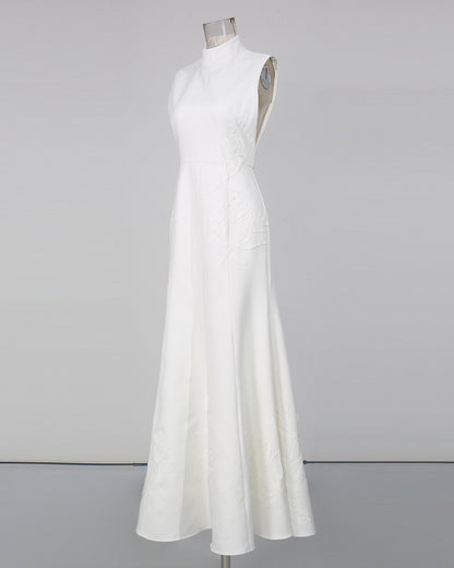 White High Neck Sleeveless Appliqué Maxi Dress