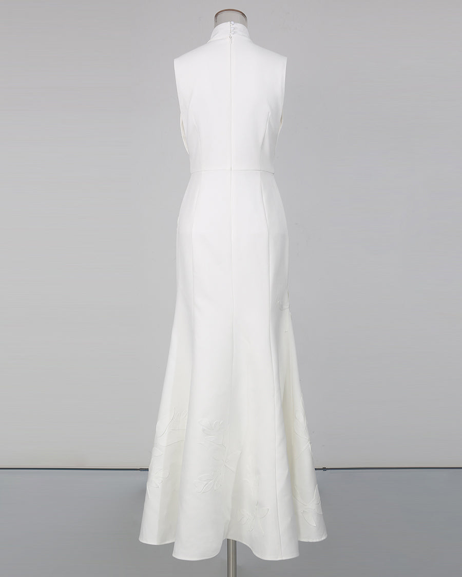 White High Neck Sleeveless Appliqué Maxi Dress