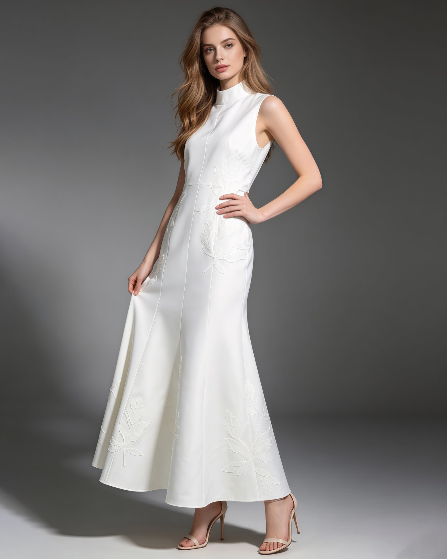 White High Neck Sleeveless Appliqué Maxi Dress