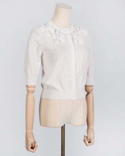 White Knit Cardigan with 3D Floral Appliqués