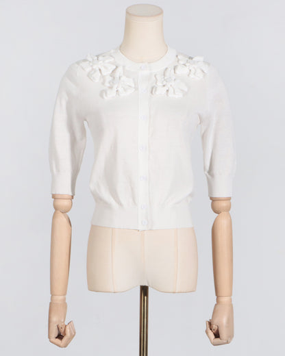 White Knit Cardigan with 3D Floral Appliqués
