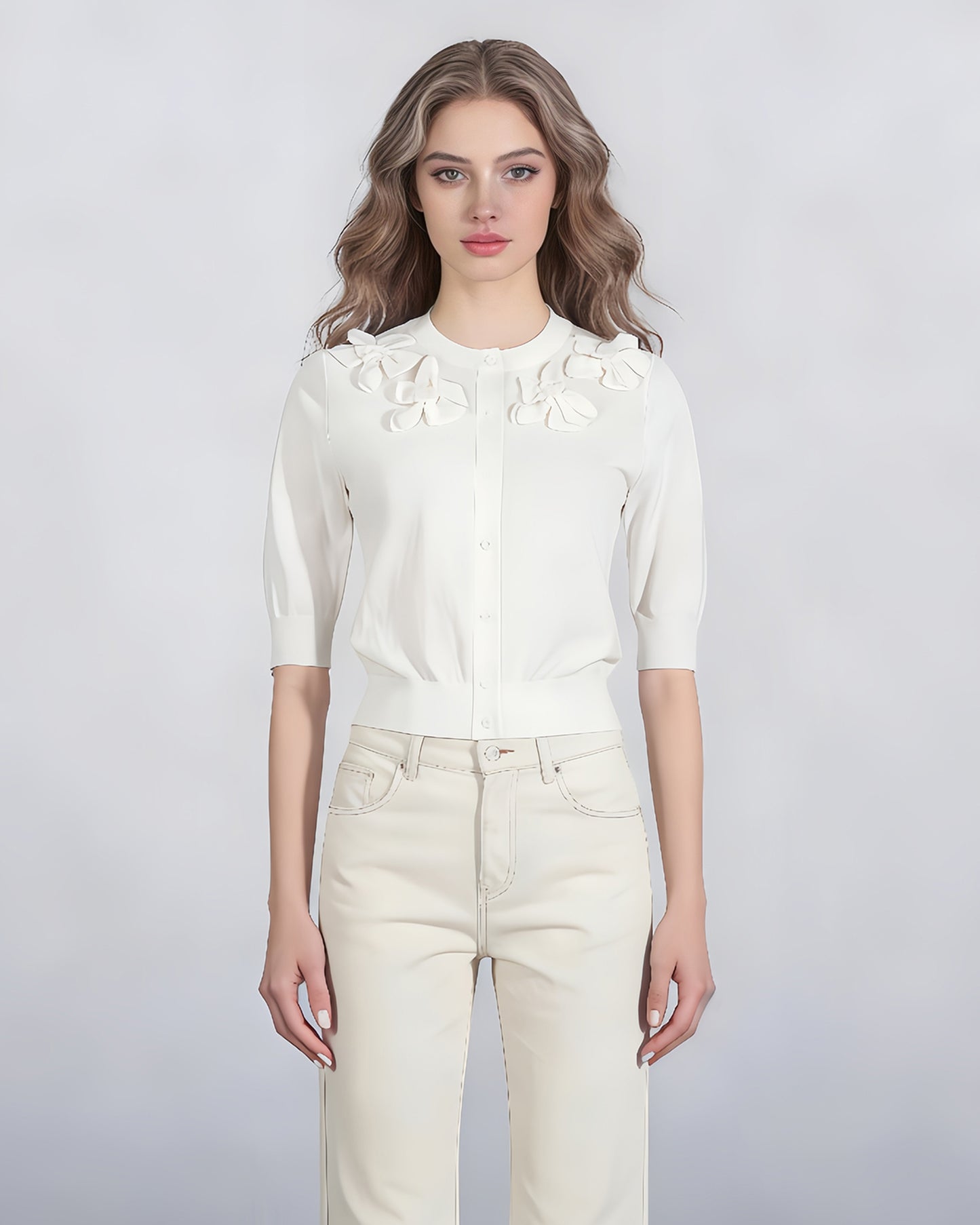 White Knit Cardigan with 3D Floral Appliqués