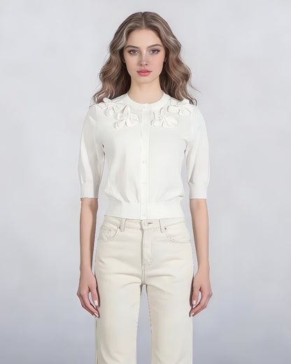 White Knit Cardigan with 3D Floral Appliqués