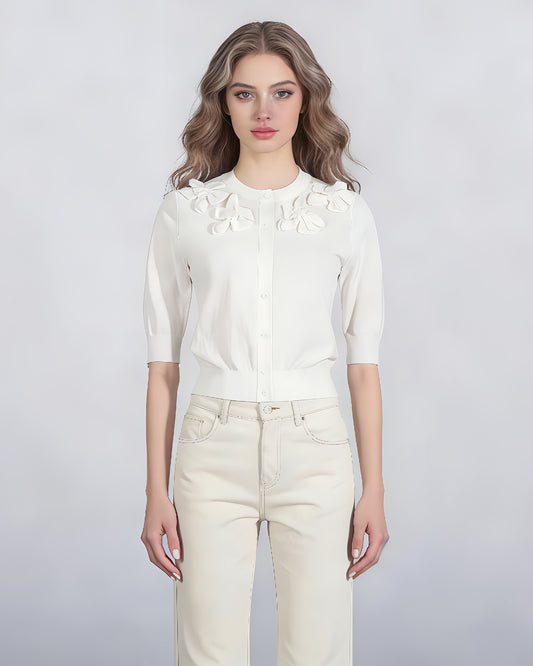 White Knit Cardigan with 3D Floral Appliqués