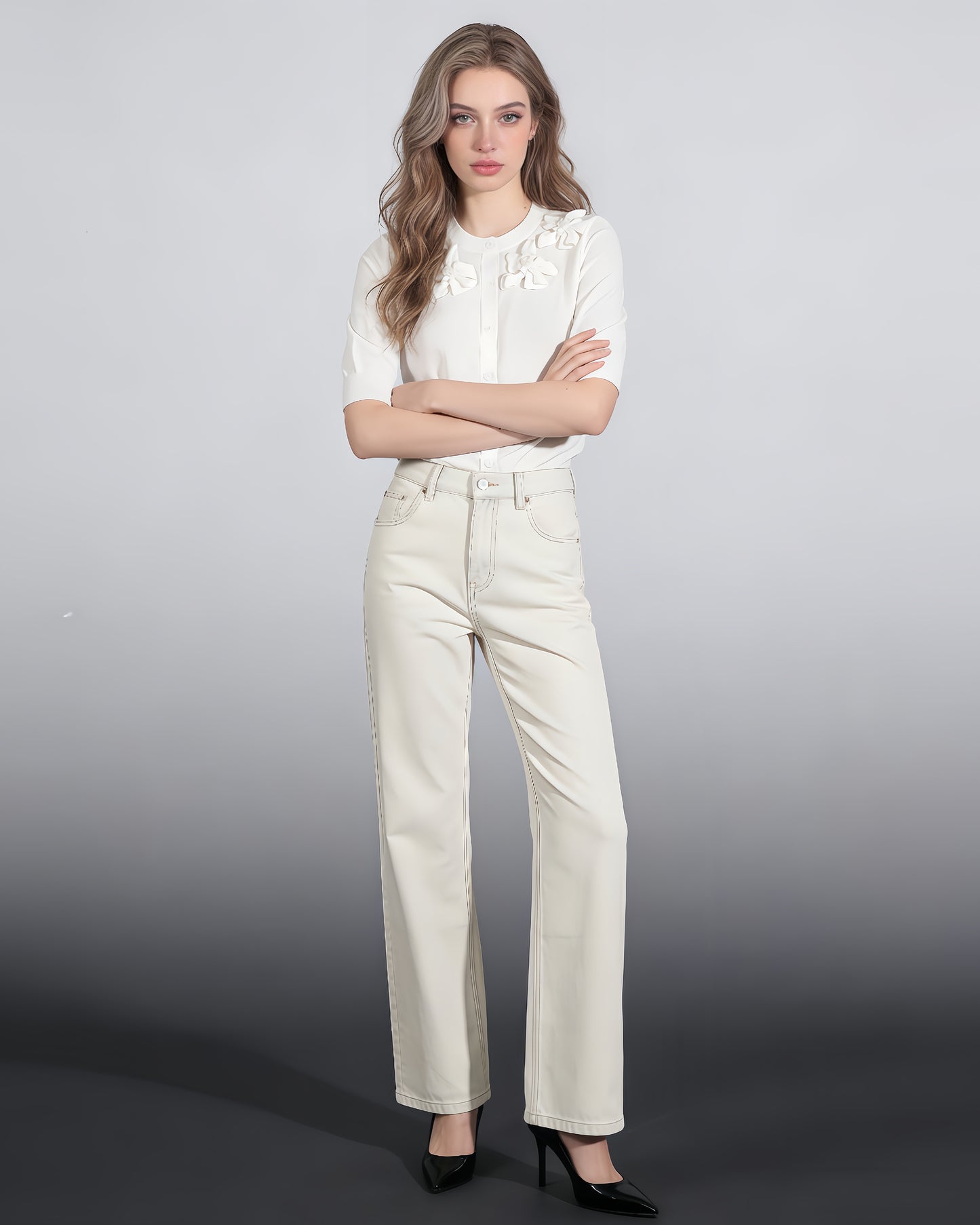 White Knit Cardigan with 3D Floral Appliqués