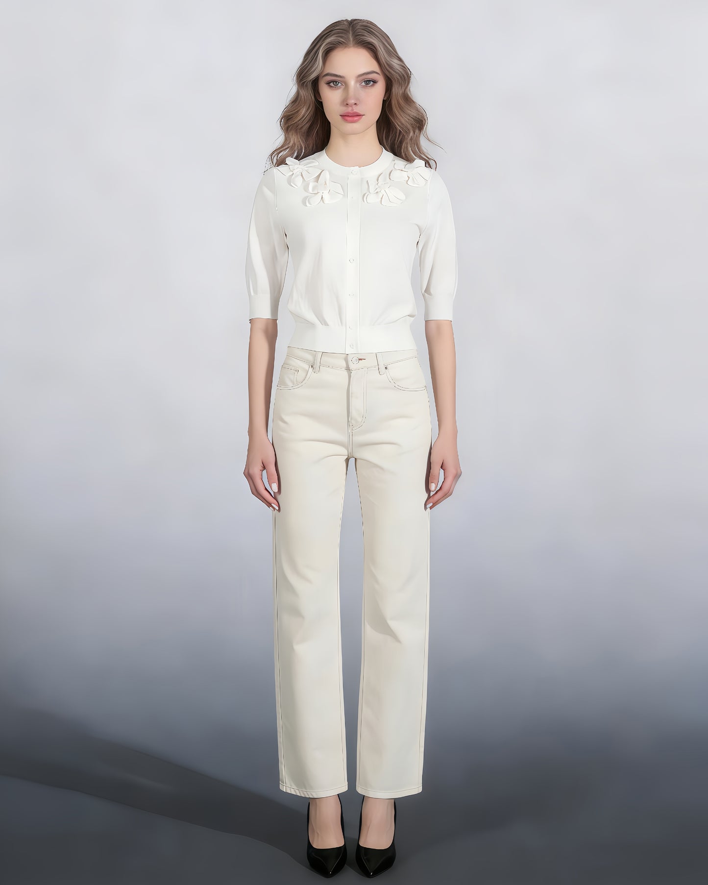 White Knit Cardigan with 3D Floral Appliqués