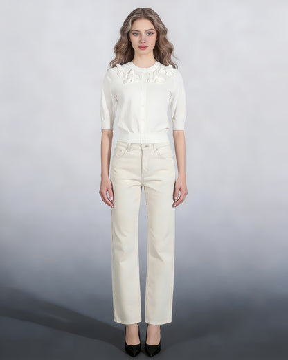 White Knit Cardigan with 3D Floral Appliqués
