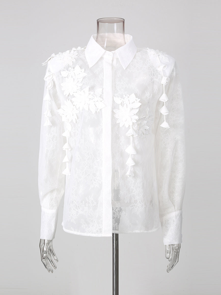 White Lace 3D Floral Tassel Long Sleeve Shirt
