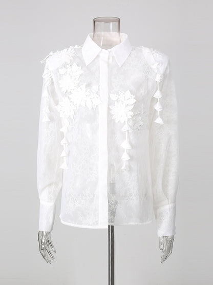 White Lace 3D Floral Tassel Long Sleeve Shirt