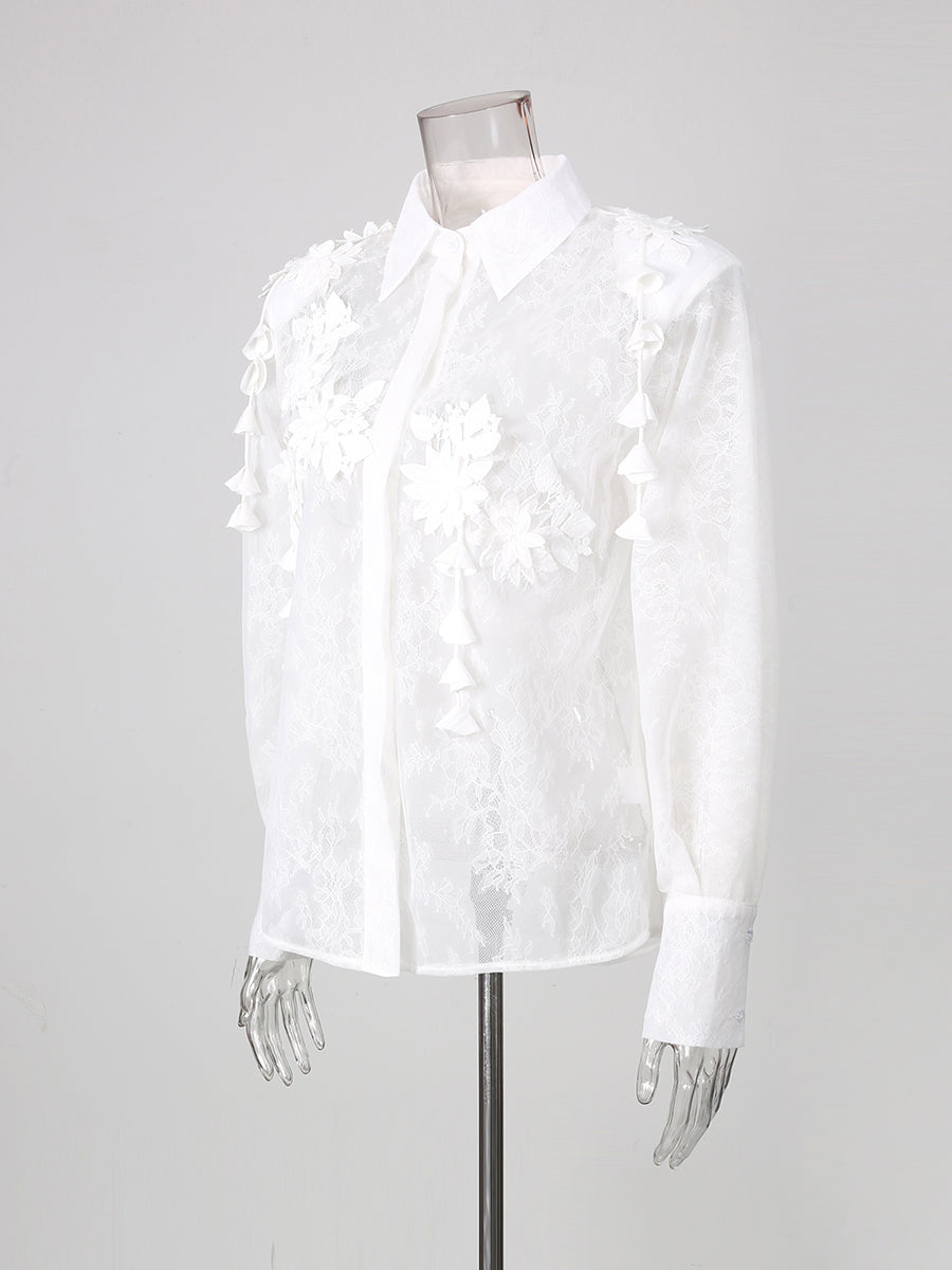 White Lace 3D Floral Tassel Long Sleeve Shirt