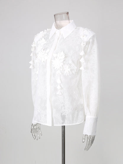 White Lace 3D Floral Tassel Long Sleeve Shirt
