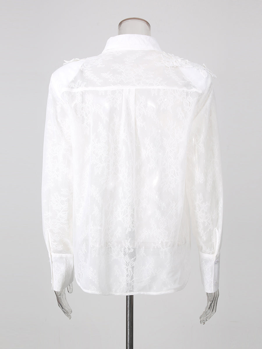 White Lace 3D Floral Tassel Long Sleeve Shirt