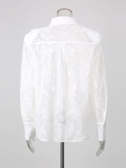 White Lace 3D Floral Tassel Long Sleeve Shirt