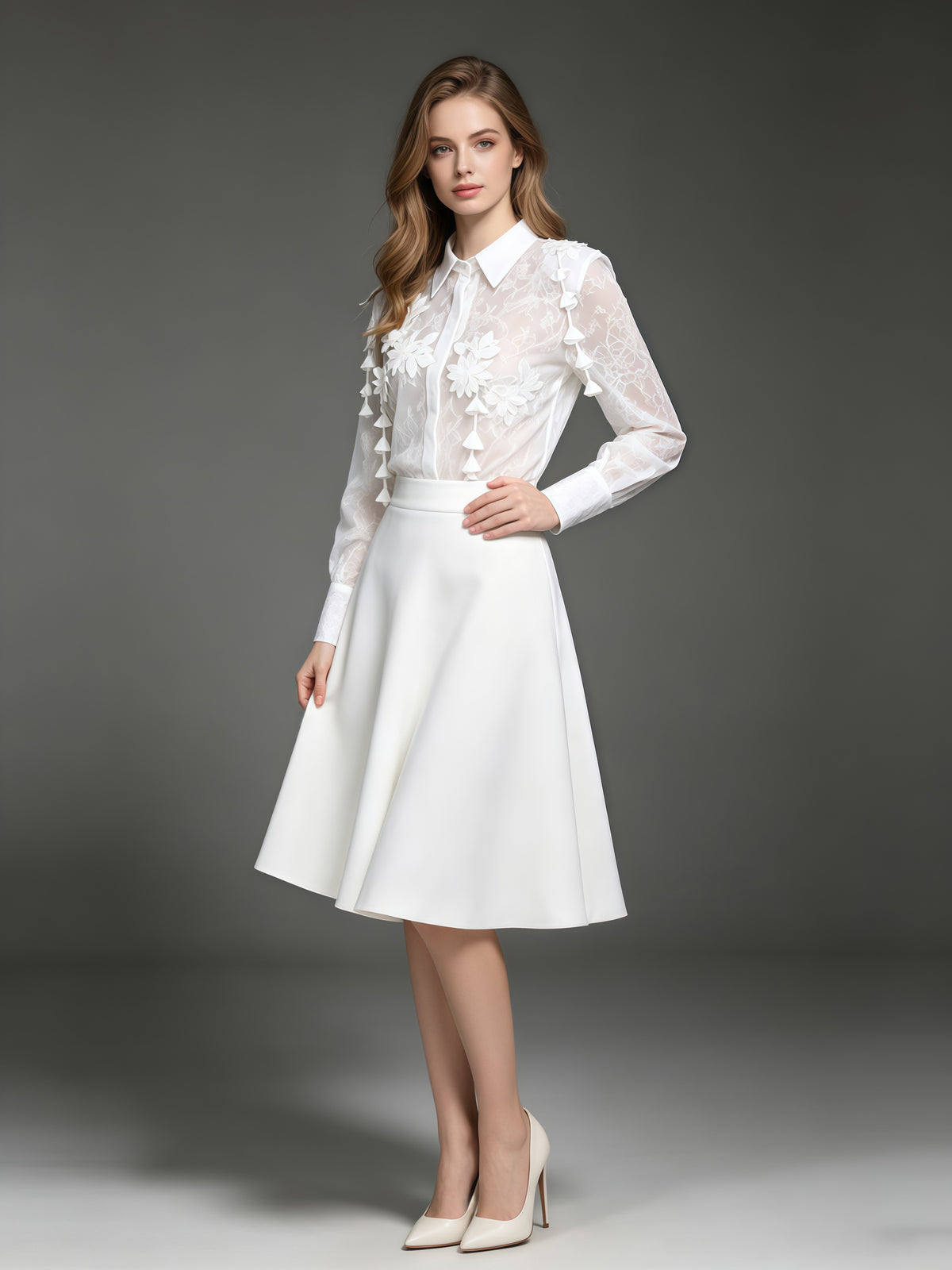 White Lace 3D Floral Tassel Long Sleeve Shirt