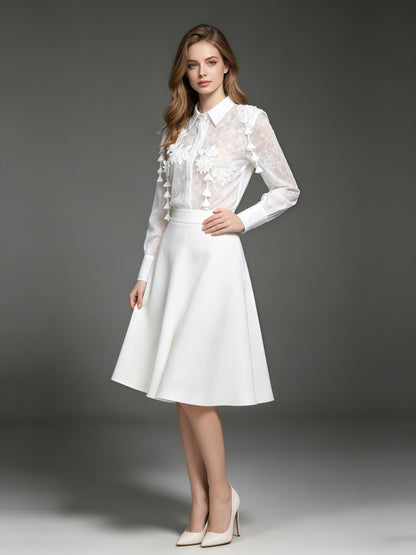 White Lace 3D Floral Tassel Long Sleeve Shirt