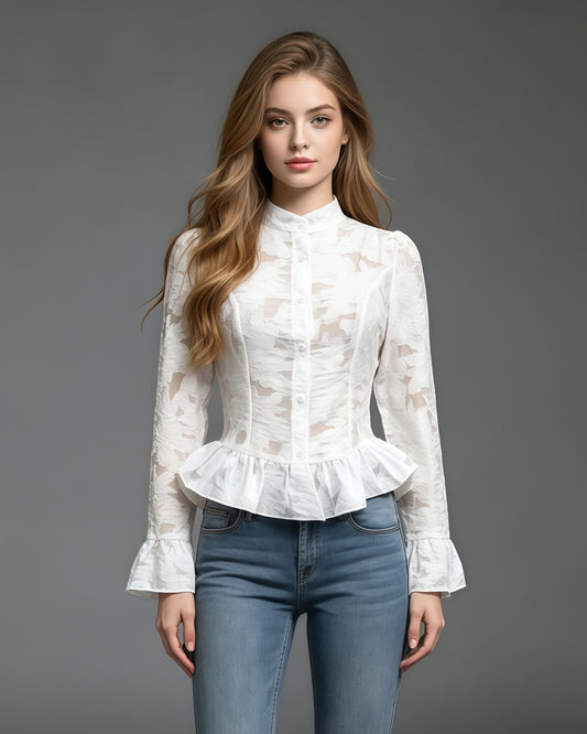 White Lace Bell Sleeves Peplum Blouse 