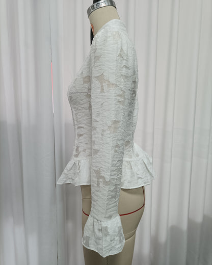 White Lace Bell Sleeves Peplum Blouse 