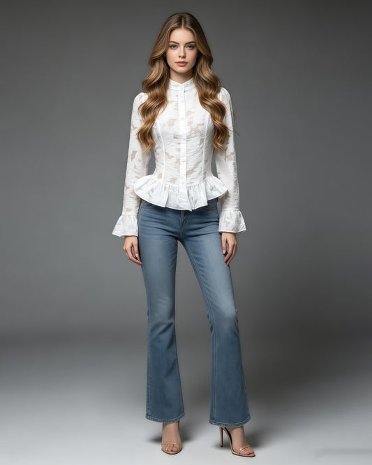 White Lace Bell Sleeves Peplum Blouse 