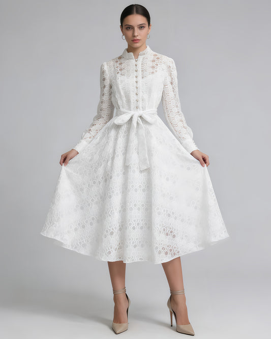 White Lace Belted Midi Dress