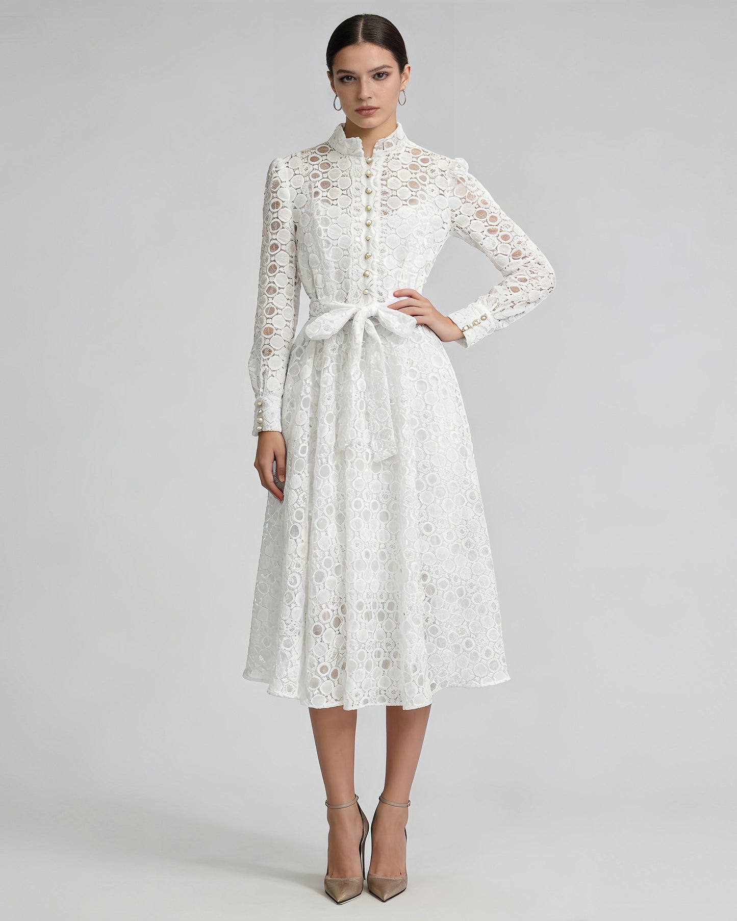 White Lace Belted Midi Dress