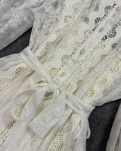 White Lace Belted Tiered Maxi Dress