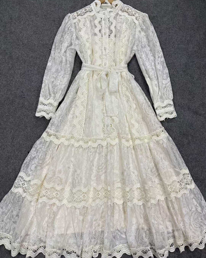 White Lace Belted Tiered Maxi Dress