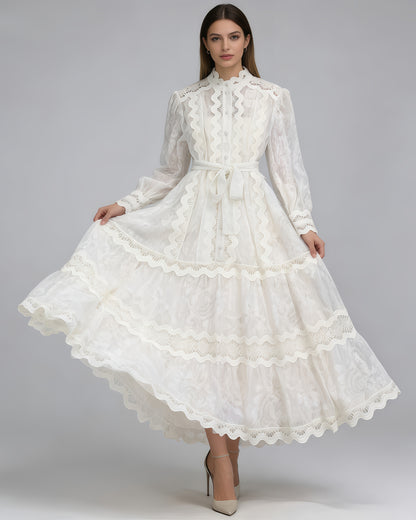 White Lace Belted Tiered Maxi Dress