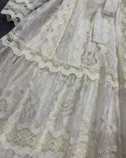 White Lace Belted Tiered Maxi Dress