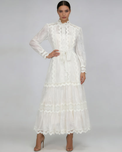 White Lace Belted Tiered Maxi Dress