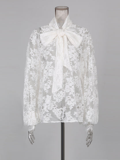 White Lace Bow Blouse & Wide-Leg Pants Two-Piece Set