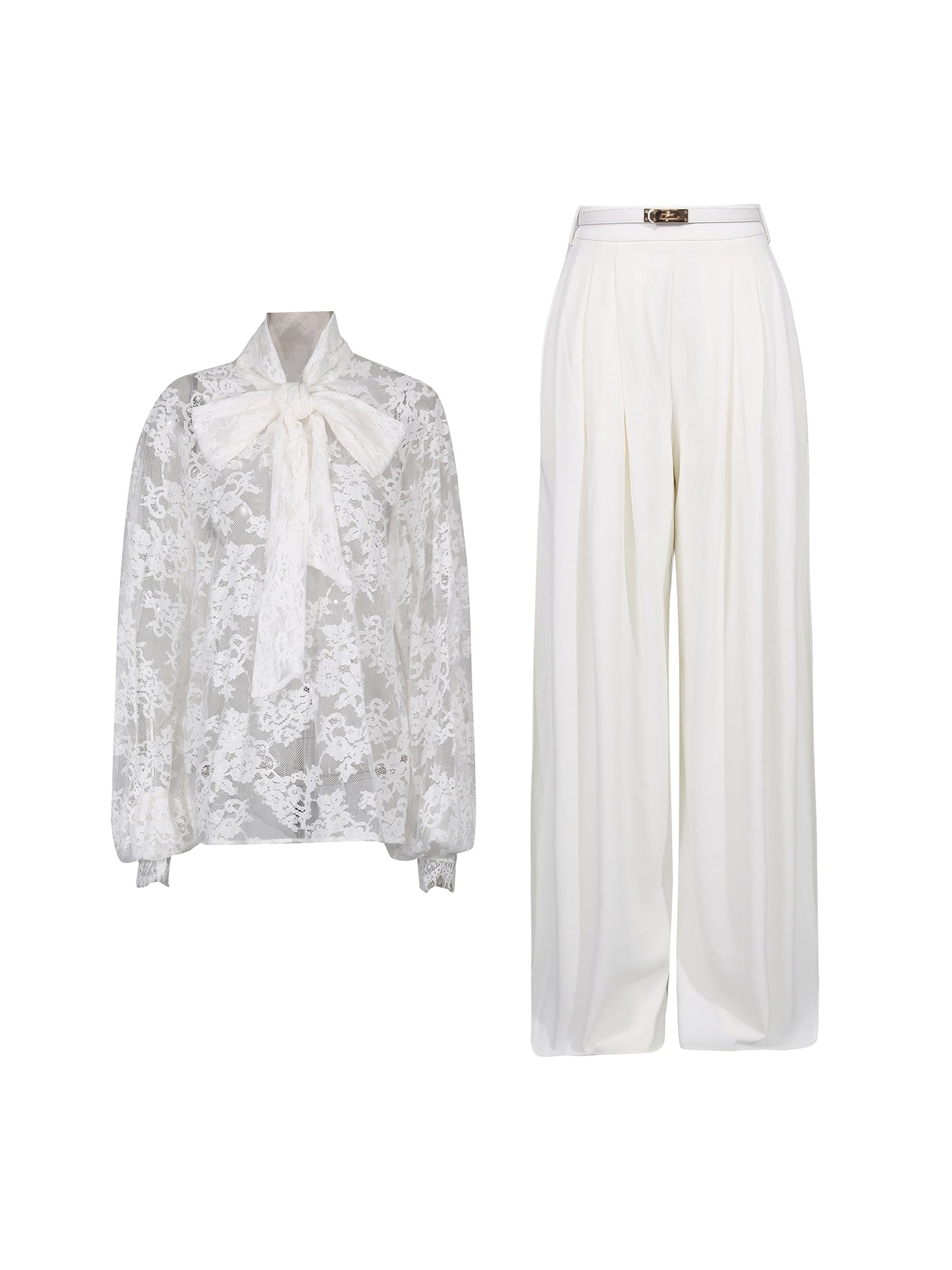 White Lace Bow Blouse & Wide-Leg Pants Two-Piece Set