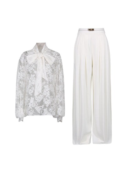 White Lace Bow Blouse & Wide-Leg Pants Two-Piece Set