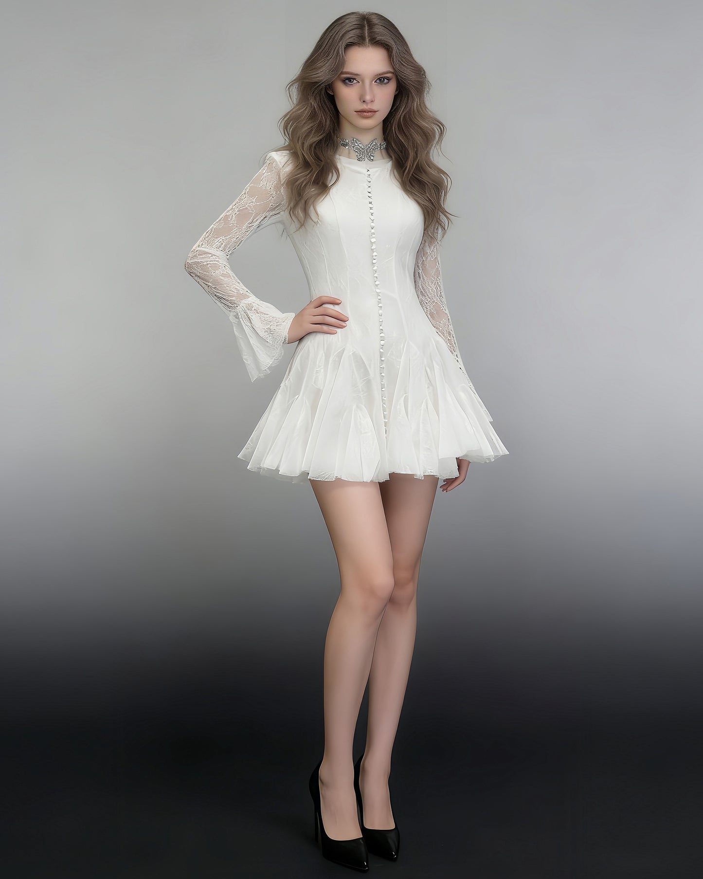 White Lace Fitted Ruffle Mini Dress