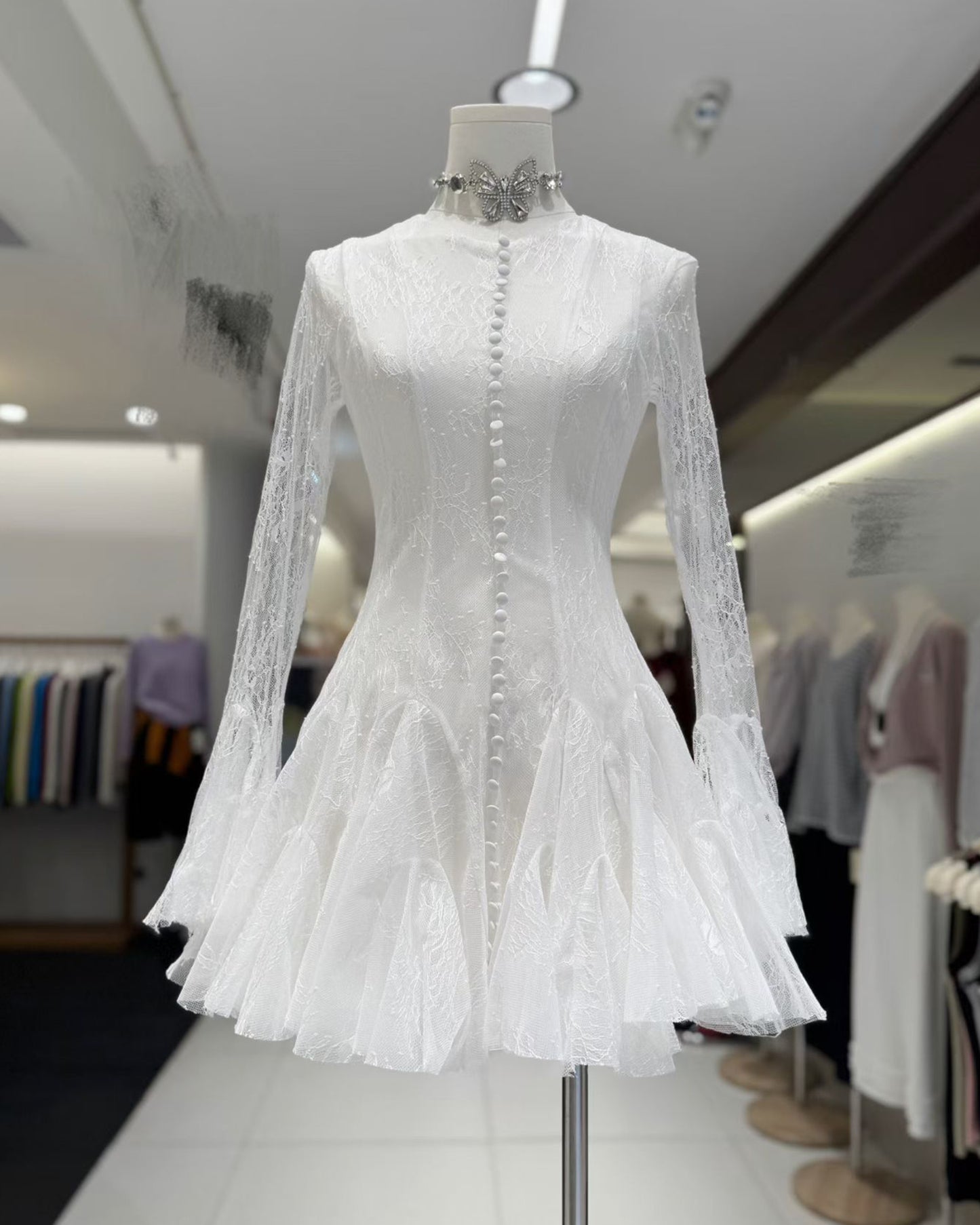 White Lace Fitted Ruffle Mini Dress