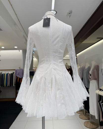 White Lace Fitted Ruffle Mini Dress
